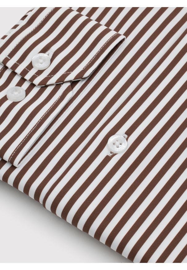 Pako Lorente - PAKO LORENTE - Brązowa koszula męska w prążek. Kolor: brązowy. Materiał: elastan, nylon. Długość rękawa: długi rękaw. Długość: długie. Wzór: prążki. Sezon: wiosna