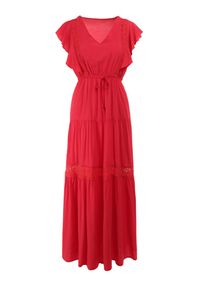 Born2be - Czerwona Sukienka Cileis. Typ kołnierza: kołnierz z falbankami. Kolor: czerwony. Materiał: wiskoza, koronka. Długość rękawa: krótki rękaw. Wzór: geometria. Długość: maxi #3