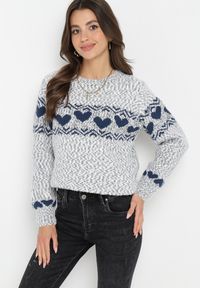 Born2be - Szary Dzianinowy Sweter w Serca Ritavem. Kolor: szary. Materiał: dzianina. Długość rękawa: długi rękaw. Długość: długie. Wzór: nadruk. Styl: klasyczny, elegancki #4
