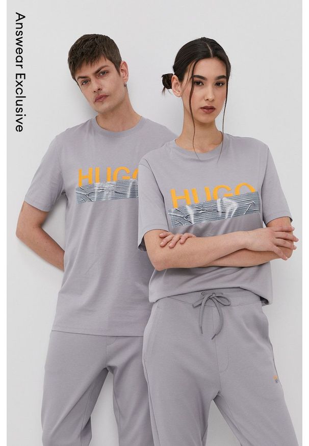 Hugo - T-shirt z kolekcji urodzinowej. Okazja: na urodziny. Kolor: szary. Wzór: nadruk. Styl: casual
