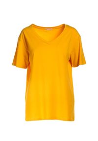 Born2be - Żółty T-shirt Genilin. Okazja: na co dzień. Typ kołnierza: dekolt w kształcie V. Kolor: żółty. Materiał: dzianina. Długość rękawa: krótki rękaw. Długość: krótkie. Wzór: gładki. Styl: casual, klasyczny, wizytowy #5