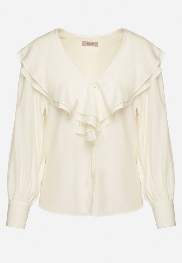 Born2be - Jasnobeżowa Koszula Vices z Bufiastymi Rękawami i Żabotem z Falbanami Zoivia. Okazja: na spotkanie biznesowe, do pracy. Typ kołnierza: z żabotem. Kolor: beżowy. Materiał: jeans, lakier. Wzór: aplikacja. Styl: biznesowy, elegancki, klasyczny