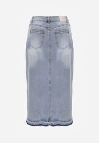 Born2be - Niebieska Jeansowa Spódnica z Bawełną Wysokim Stanem i Rozcięciem na Nogę Vikinori. Okazja: na co dzień, do pracy. Stan: podwyższony. Kolor: niebieski. Materiał: bawełna, jeans. Styl: casual, klasyczny #3