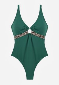 Renee - Zielony Strój Kąpielowy z Paskiem w Geometryczny Print i Wycięciem Helania. Kolekcja: plus size. Kolor: zielony. Wzór: geometria, nadruk #2