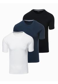 Ombre Clothing - Zestaw męskich t-shirtów z okrągłym dekoltem – biały/granatowy/czarny V2 - Rozmiar: XL. Okazja: na co dzień. Kolor: biały. Materiał: jersey, dzianina, bawełna, elastan. Wzór: nadruk. Styl: casual #1