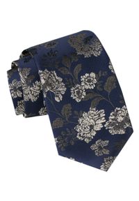 Męski Krawat - Alties - Motyw Kwiatowy na Granatowym Tle. Kolor: niebieski. Materiał: tkanina. Wzór: kwiaty. Styl: elegancki, wizytowy #1
