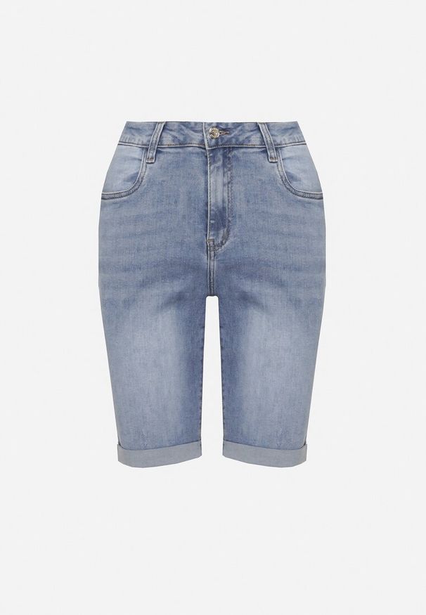 Born2be - Niebieskie Jeansowe Szorty z Wysokim Stanem i Bawełną Ozdobione Przetarciami Nelixa. Okazja: na spacer. Stan: podwyższony. Kolor: niebieski. Materiał: bawełna, jeans. Wzór: aplikacja