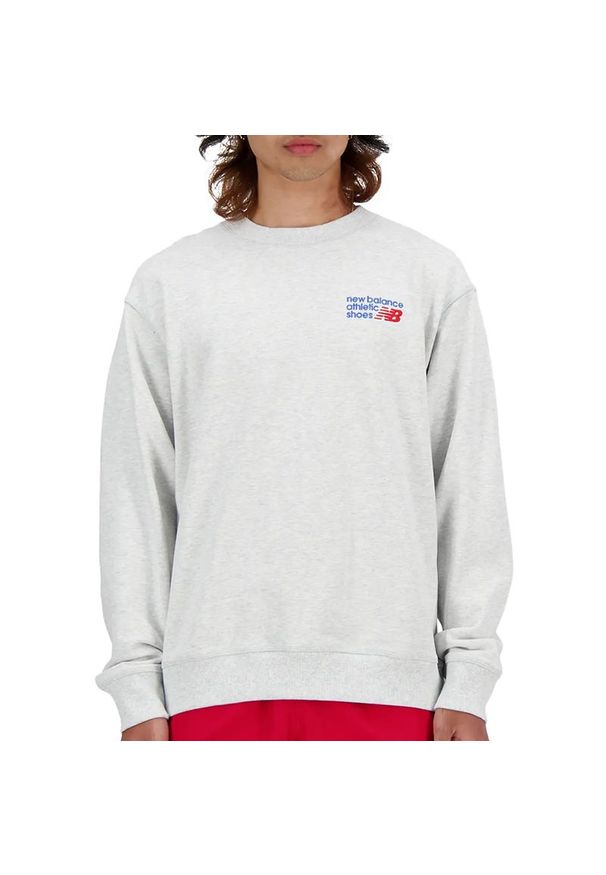 Bluza męska New Balance MT41547AHH - szara. Kolor: szary. Materiał: prążkowany, bawełna. Wzór: aplikacja. Styl: klasyczny