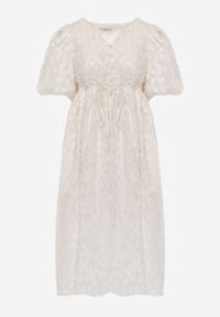 Born2be - Jasnobeżowa Rozkloszowana Sukienka z Wiskozy z Bufiastymi Rękawami Devisana. Kolor: beżowy. Materiał: wiskoza. Styl: klasyczny, elegancki #2