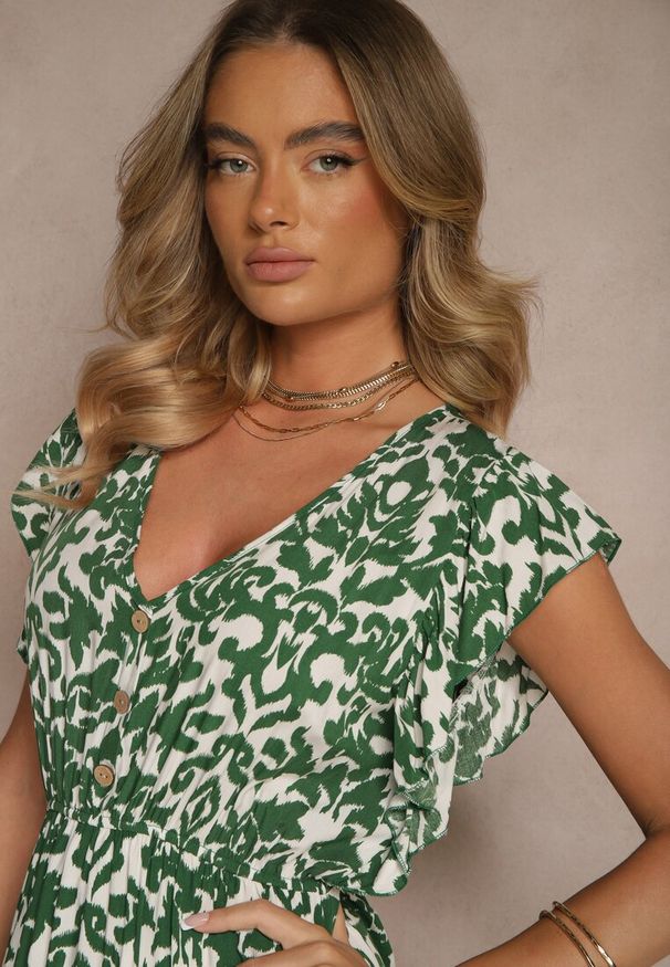 Renee - Zielona Sukienka z Bawełny Rozkloszowana z Falbanami w Roślinny Wzór Zalimara. Okazja: na co dzień. Typ kołnierza: dekolt w kształcie V. Kolor: zielony. Materiał: bawełna. Długość rękawa: krótki rękaw. Styl: klasyczny, casual