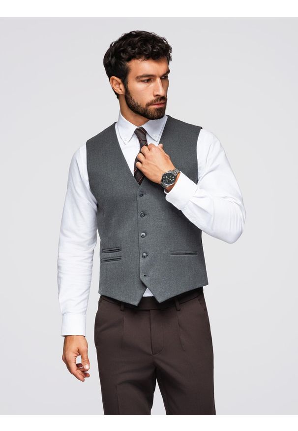 Ombre Clothing - Kamizelka męska garniturowa z klasycznym detalem i podszewką – grafitowa V3 - Rozmiar: XL. Kolor: szary. Materiał: wiskoza, materiał, poliester. Styl: klasyczny