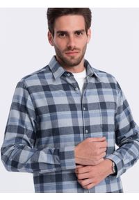 Ombre Clothing - Flanelowa koszula męska w kratę - niebiesko-szara V1. Kolor: szary. Materiał: bawełna. Styl: klasyczny #2