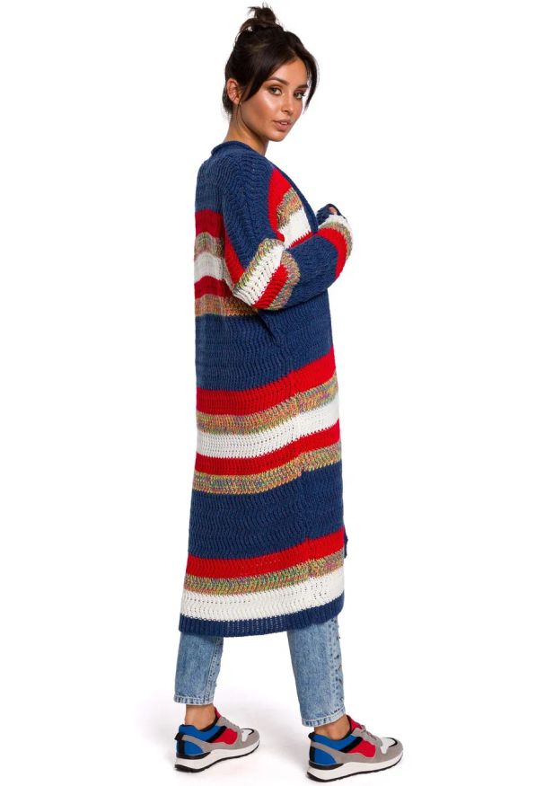 Sukienki.shop - Długi sweter w kolorowe pasy kardigan bez zapięcia narzutka. Okazja: na spacer, na co dzień. Materiał: dzianina, jeans, materiał, akryl. Długość rękawa: długi rękaw. Długość: długie. Wzór: kolorowy, ze splotem. Sezon: zima, jesień. Styl: casual, elegancki