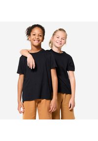 DOMYOS - Koszulka sportowa dla dzieci Domyos. Kolor: czarny. Materiał: tkanina, materiał, bawełna, prążkowany. Sport: joga i pilates