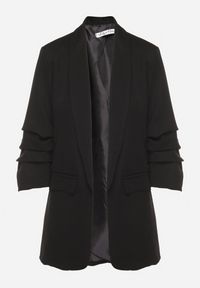 Born2be - Czarna Długa Marynarka z Rękawami 3/4 Ozdobionymi Marszczeniami Banette. Okazja: na spotkanie biznesowe, na co dzień. Kolekcja: plus size. Kolor: czarny. Materiał: jeans. Długość: długie. Wzór: aplikacja. Styl: klasyczny, casual, biznesowy #4
