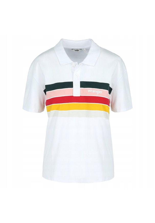 Wrangler - WRANGLER RAINBOW POLO MĘSKA KOSZULKA LOGO PASKI WHITE W7P2FY989 112132034. Typ kołnierza: polo. Wzór: paski