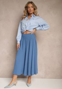 Renee - Niebieskie Spodnie Typu Kuloty High Waist o Szerokim Kroju z Marszczeniem Araliannis. Okazja: na co dzień. Stan: podwyższony. Kolor: niebieski. Styl: klasyczny, elegancki, casual #4