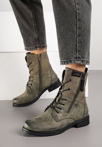 Born2be - Zielone Botki Workery ze Sznurowaniem i Zapięciem na Suwak Vemida. Okazja: na co dzień. Zapięcie: sznurówki. Kolor: zielony. Materiał: jeans. Obcas: na obcasie. Styl: klasyczny, casual, elegancki. Wysokość obcasa: niski