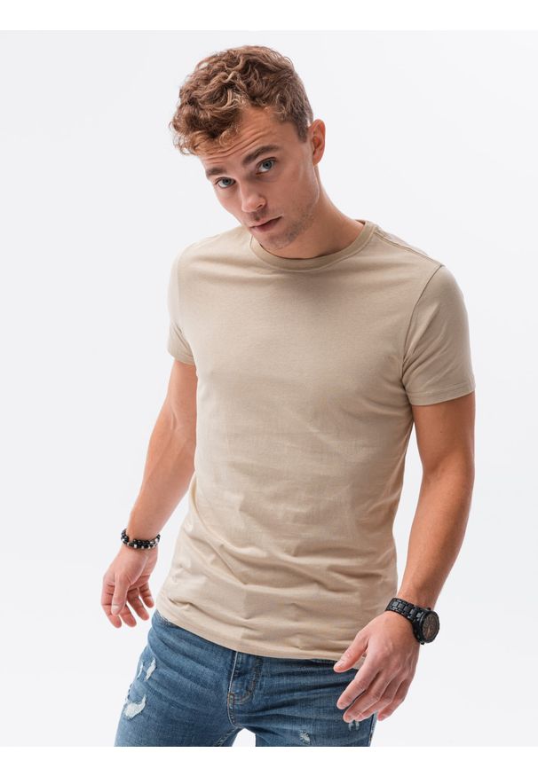Ombre Clothing - T-shirt męski bawełniany BASIC - piaskowy V11 - Rozmiar: XXL. Kolor: szary. Materiał: bawełna. Styl: klasyczny