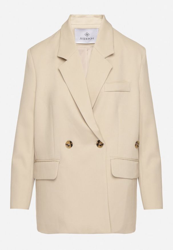 Born2be - Jasnobeżowa Dwurzędowa Marynarka o Pudełkowym Kroju Oversize z Dodatkowym Guzikiem Paselira. Okazja: na co dzień. Kolor: beżowy. Materiał: jeans. Styl: elegancki, casual