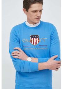 GANT - Gant bluza męska kolor niebieski z aplikacją. Okazja: na co dzień. Kolor: niebieski. Wzór: aplikacja. Styl: casual