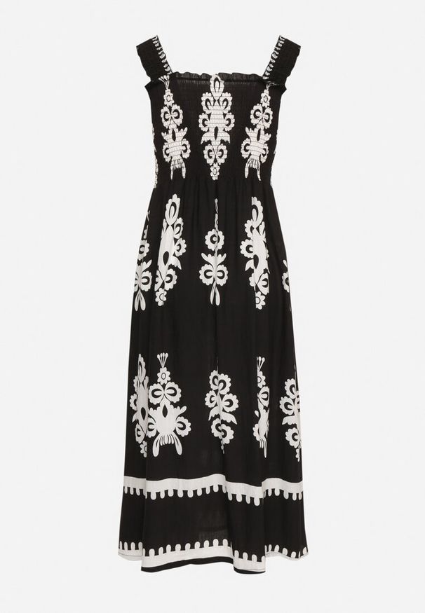 Born2be - Czarna Wiskozowa Sukienka o Rozkloszowanym Kroju w Ornamentny Wzór Adoxie. Okazja: na spacer, na co dzień. Kolor: czarny. Materiał: wiskoza. Długość rękawa: na ramiączkach. Typ sukienki: proste, rozkloszowane. Styl: casual, klasyczny