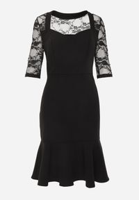 Born2be - Czarna Taliowana Sukienka VICES z Koronkowymi Rękawami Oceamara. Kolor: czarny. Materiał: koronka. Wzór: aplikacja, koronka. Styl: elegancki #8