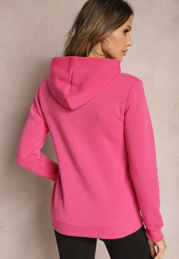 Renee - Różowa Bluza Kangurka Ocieplona Polarem z Ozdobnym Nadrukiem Elili. Okazja: na co dzień. Kolor: różowy. Materiał: polar. Wzór: nadruk. Styl: elegancki, casual
