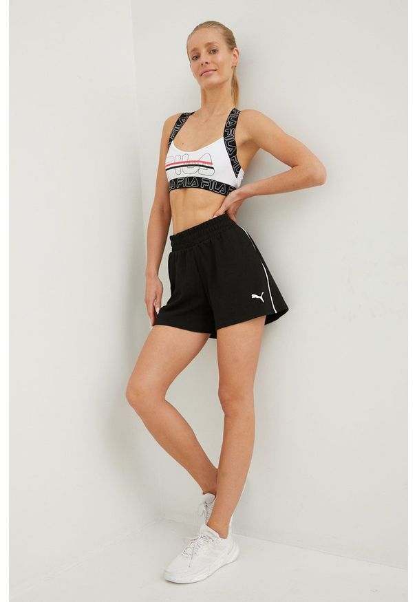 Puma szorty treningowe Modern damskie kolor czarny z nadrukiem high waist. Stan: podwyższony. Kolor: czarny. Materiał: skóra, materiał. Wzór: nadruk