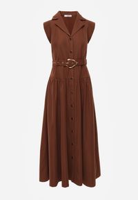 Born2be - Brązowa Koszulowa Sukienka Bez Rękawów Ozdobiona Paskiem z Klamrą Phalixia. Okazja: na co dzień. Kolor: brązowy. Długość rękawa: bez rękawów. Wzór: aplikacja. Typ sukienki: koszulowe. Styl: casual, elegancki #6