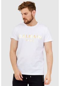 Balmain - BALMAIN Biały t-shirt męski ze złotym logo. Kolor: biały