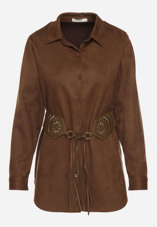 Born2be - Brązowa Koszula z Dodatkowym Paskiem z Frędzlami w Stylu Boho Unesa. Kolor: brązowy. Materiał: satyna, jeans. Styl: boho