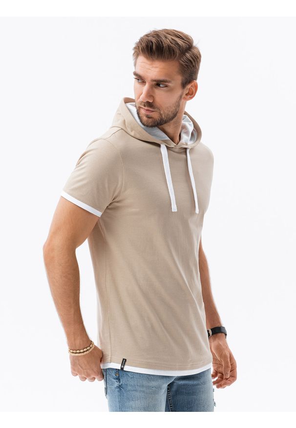 Ombre Clothing - T-shirt męski z kapturem bez nadruku S1376 - beżowy - XXL. Okazja: na co dzień. Typ kołnierza: kaptur. Kolor: beżowy. Materiał: bawełna, jersey, dzianina. Styl: klasyczny, casual