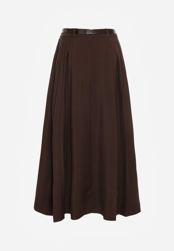 Born2be - Brązowa Wiskozowa Spódnica o Rozkloszowanym Kroju z Paskiem z Klamrą Lawedisa. Okazja: na co dzień, do pracy, na spotkanie biznesowe. Kolor: brązowy. Materiał: wiskoza. Styl: biznesowy, klasyczny, casual, elegancki