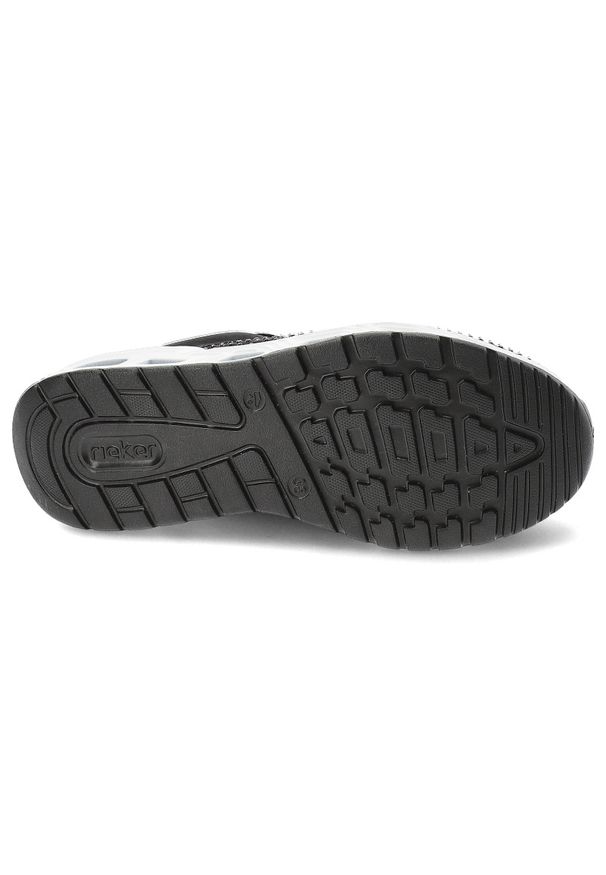 Czarne Sneakersy Rieker Stylowe Obuwie Damskie. Okazja: na co dzień. Kolor: czarny. Materiał: skóra ekologiczna. Wzór: aplikacja. Styl: elegancki