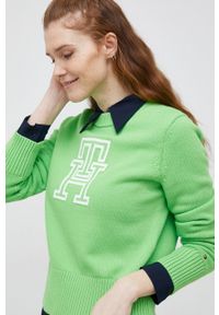 TOMMY HILFIGER - Tommy Hilfiger sweter damski kolor zielony. Kolor: zielony. Materiał: bawełna, dzianina. Długość rękawa: długi rękaw. Długość: długie #3
