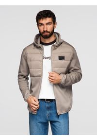 Ombre Clothing - Męska lekka kurtka z łączonych materiałów z kapturem i ozdobnym pikowaniem – popielata V3 - Rozmiar: L. Okazja: na co dzień. Typ kołnierza: kaptur. Kolor: szary. Materiał: materiał. Wzór: aplikacja. Styl: casual