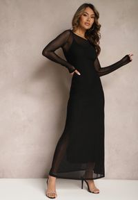 Renee - Czarna Siateczkowa Sukienka o Taliowanym Kroju z Halką Manemoma. Kolor: czarny. Długość rękawa: długi rękaw #1