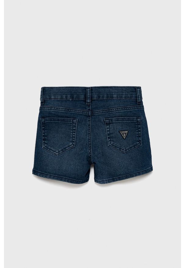 Guess szorty jeansowe dziecięce kolor granatowy gładkie regulowana talia. Stan: podwyższony. Kolor: niebieski. Materiał: jeans. Wzór: gładki