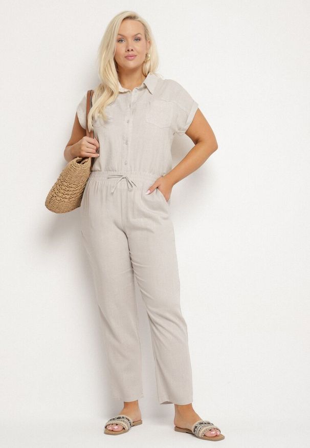 Born2be - Szare Spodnie z Lnem i Elastyczną Gumką w Pasie Nativena. Okazja: na co dzień. Kolekcja: plus size. Kolor: szary. Materiał: len. Styl: casual