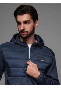 Ombre Clothing - Lekka kurtka męska z łączonych materiałów z kapturem i ozdobnym pikowaniem – granatowa V4 - Rozmiar: XXL. Okazja: na co dzień. Typ kołnierza: kaptur. Kolor: niebieski. Materiał: materiał. Wzór: aplikacja. Styl: casual #10