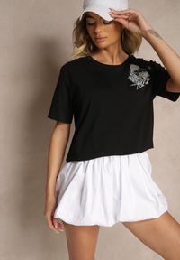 Renee - Czarny Bawełniany T-shirt z Ozdobnym Nadrukiem i Cyrkoniami Teomala. Kolor: czarny. Materiał: bawełna. Wzór: nadruk. Styl: klasyczny, elegancki #3