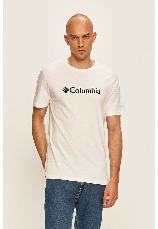 columbia - Columbia t-shirt męski kolor biały 1680053-014. Okazja: na co dzień. Kolor: biały. Materiał: bawełna, dzianina. Wzór: nadruk. Styl: casual