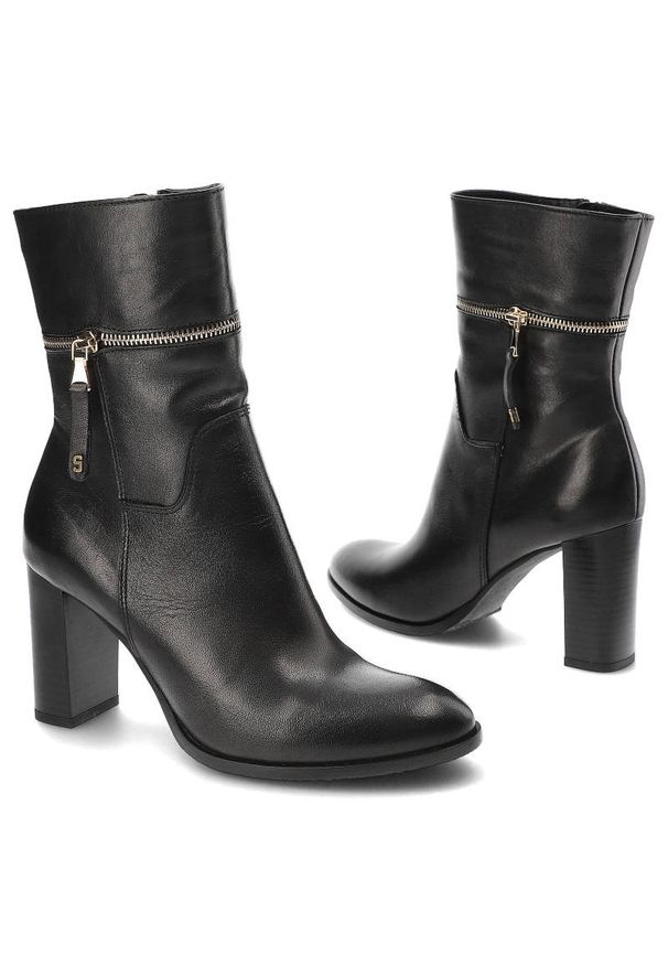 Czarne Eleganckie Botki Simen Na Obcasie. Kolor: czarny. Materiał: materiał, skóra. Szerokość cholewki: normalna. Obcas: na obcasie. Styl: elegancki. Wysokość obcasa: wysoki