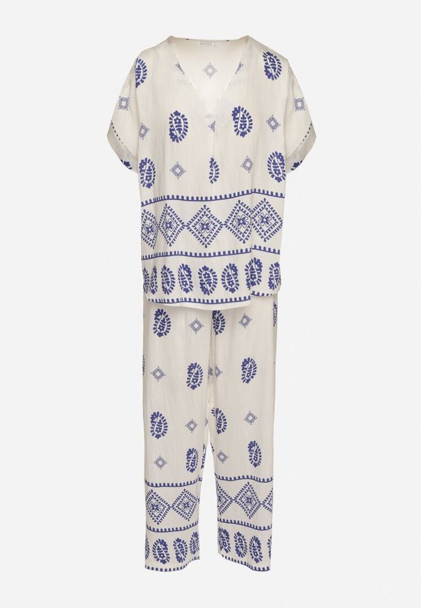 Born2be - Niebiesko-Biały Bawełniany Komplet Koszula i Szerokie Spodnie w Stylu Boho Ollirive. Kolor: niebieski. Materiał: bawełna. Wzór: aplikacja
