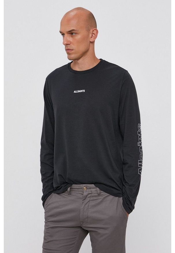 AllSaints Longsleeve męski kolor czarny z nadrukiem. Okazja: na co dzień. Kolor: czarny. Materiał: dzianina. Długość rękawa: długi rękaw. Wzór: nadruk. Styl: casual