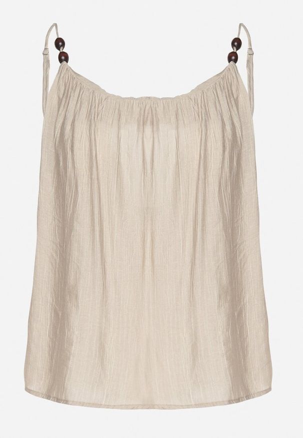 Born2be - Beżowy Top z Wiskozą Ozdobiona Koralikami Emiriona. Okazja: na co dzień. Kolor: beżowy. Materiał: wiskoza. Długość rękawa: na ramiączkach. Wzór: aplikacja. Styl: casual, klasyczny, elegancki