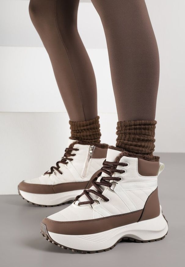 Renee - Beżowo-Brązowe Sportowe Śniegowce Chunky na Platformie Ishweda. Kolor: beżowy. Materiał: jeans. Obcas: na platformie. Styl: sportowy