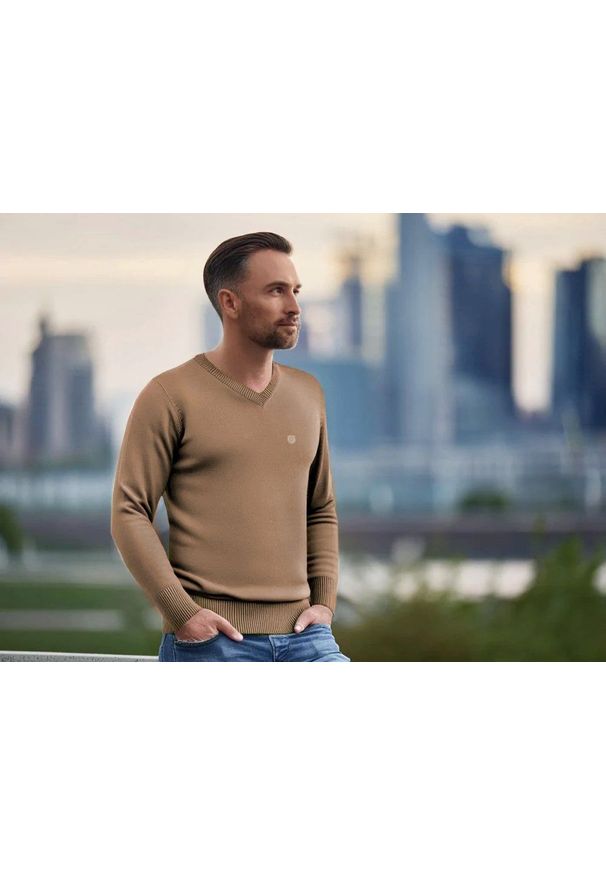 Sweter Męski Wełniany - Dekolt w Serek - Pako Jeans - Beżowy. Okazja: na spotkanie biznesowe, do pracy. Typ kołnierza: dekolt w serek. Kolor: brązowy, beżowy, wielokolorowy. Materiał: wełna, akryl. Styl: biznesowy, klasyczny