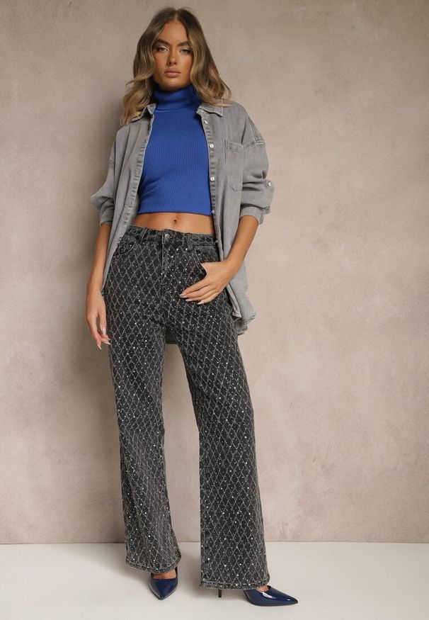 Renee - Szare Szerokie Jeansy High Waist z Cyrkoniowymi Zdobieniami Zarilene. Stan: podwyższony. Kolor: szary. Wzór: aplikacja. Styl: glamour, klasyczny